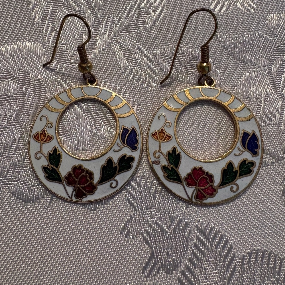 Cloisonné hook earrings, 1 inch diameter